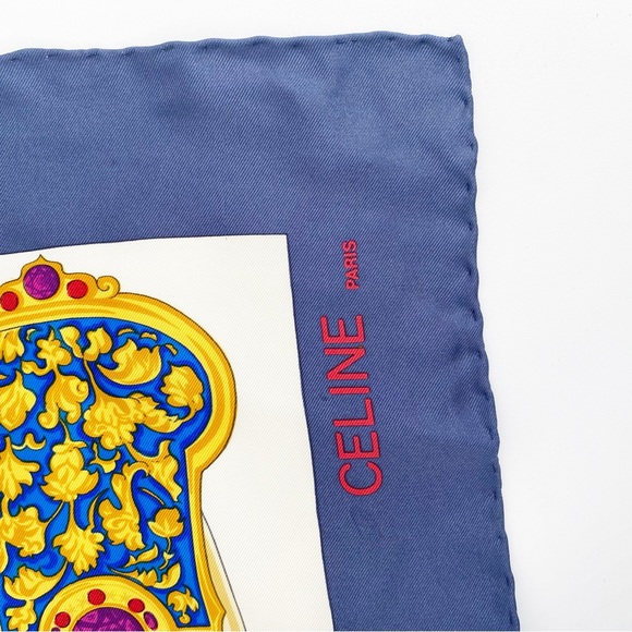 CELINE Paris 100% Silk Jewel Baroque Egg Large Square Scarf Blue Trim - Picture 4 of 9